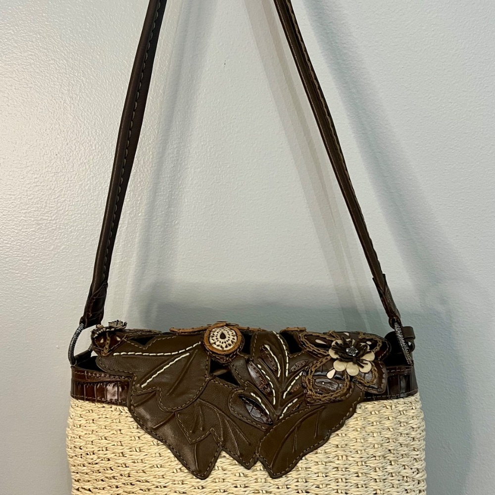 Brighton Cassia Nat Leather 3D Floral Handbag Shoulder Purse Ivory Brown Charms - Picture 5 of 11